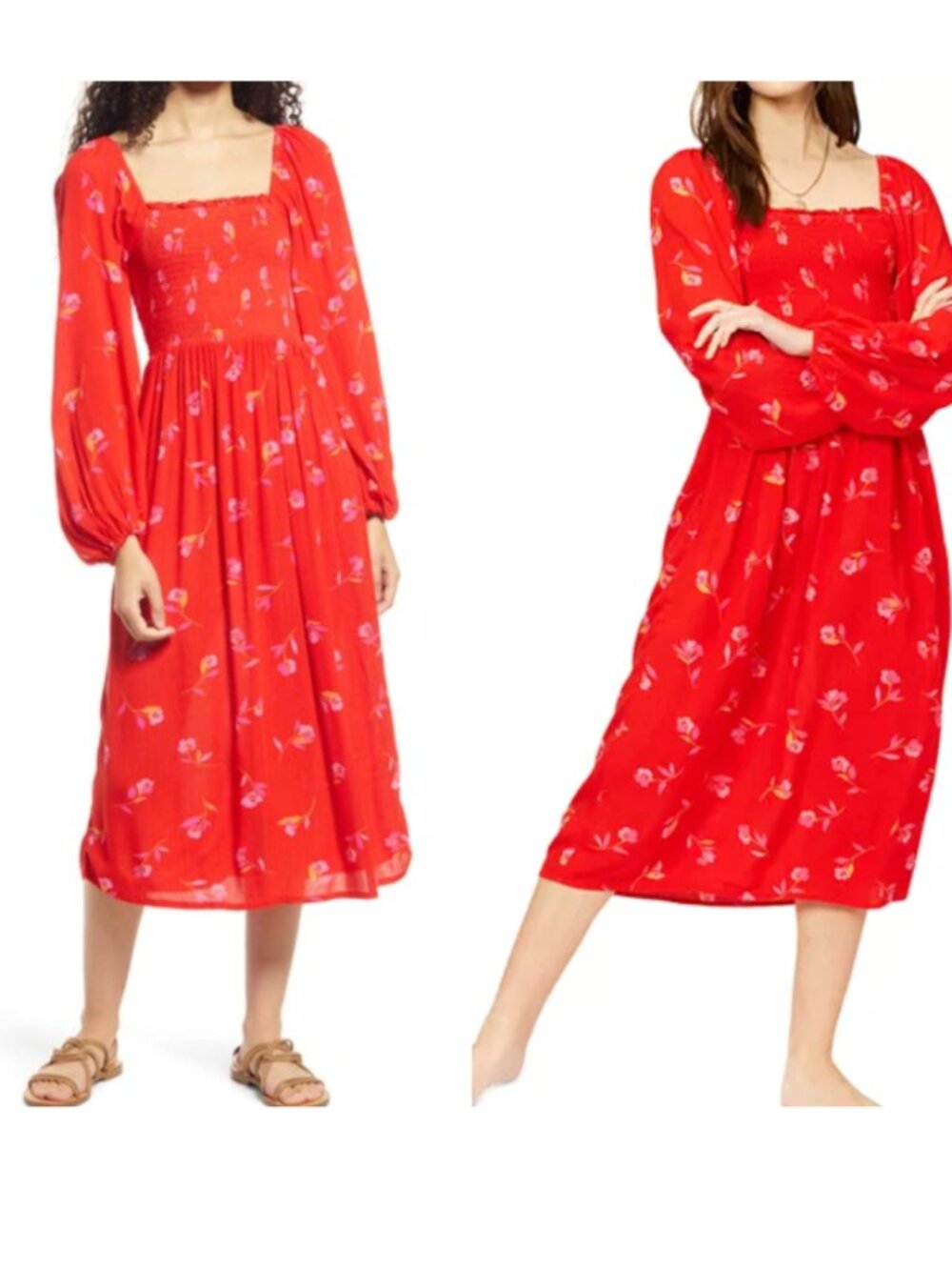 ☀️ BILLABONG X Sincerely Jules Best Coast Floral Smocked Long Sleeve Dress Red